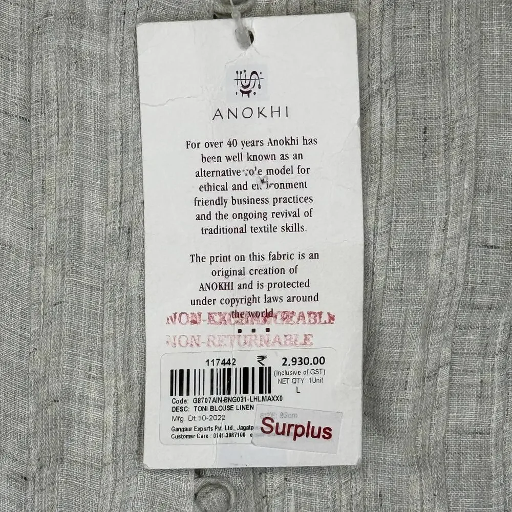 Anokhi Blouse Womens Large Gray Linen Pleated Tunic 3/4 Sleeve Button Front